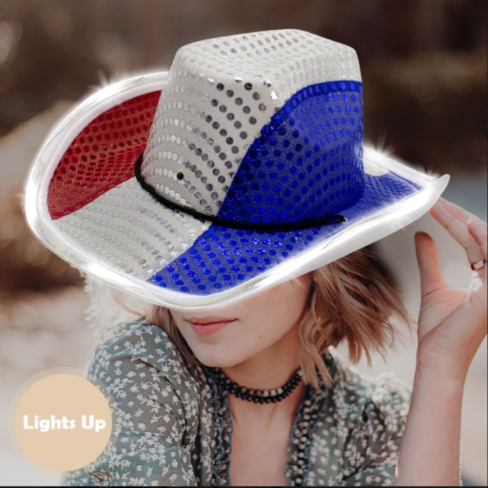 LED Light Up American USA Flag Sequin Cowboy Hat